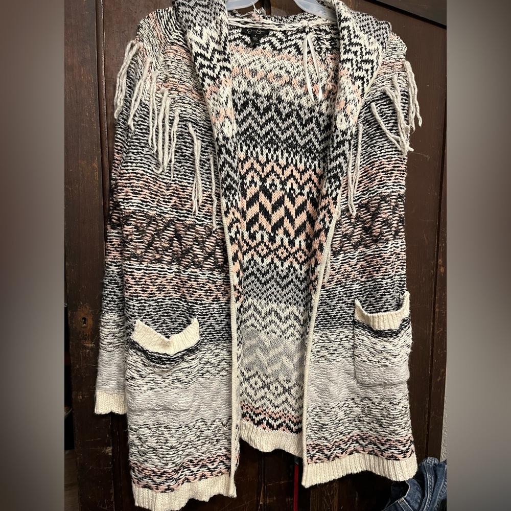 Jessica Simpson (pink, cream, & gray) long sweater with fringe on top.Size small